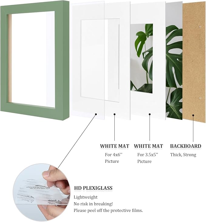 Egofine 4x6 Picture Frame Made of Solid Wood with Plexiglass, Display Pictures 3.5x5 with Mat or 4x6 Without Mat for Tabletop and Wall Mounting, Green