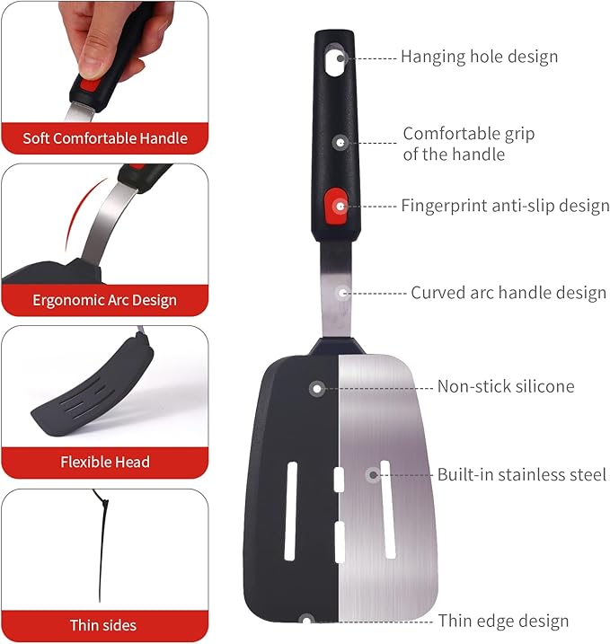 Collfa Kitchen Cooking Utensils Large Silicone Spatulas Turner Heat Resistant 3-Pack Set For Nonstick Cookware,BPA-Free Rubber Thin Slotted Flexible Flipper Spatula for Egg,Pancake,Fish,Cookie,Steak