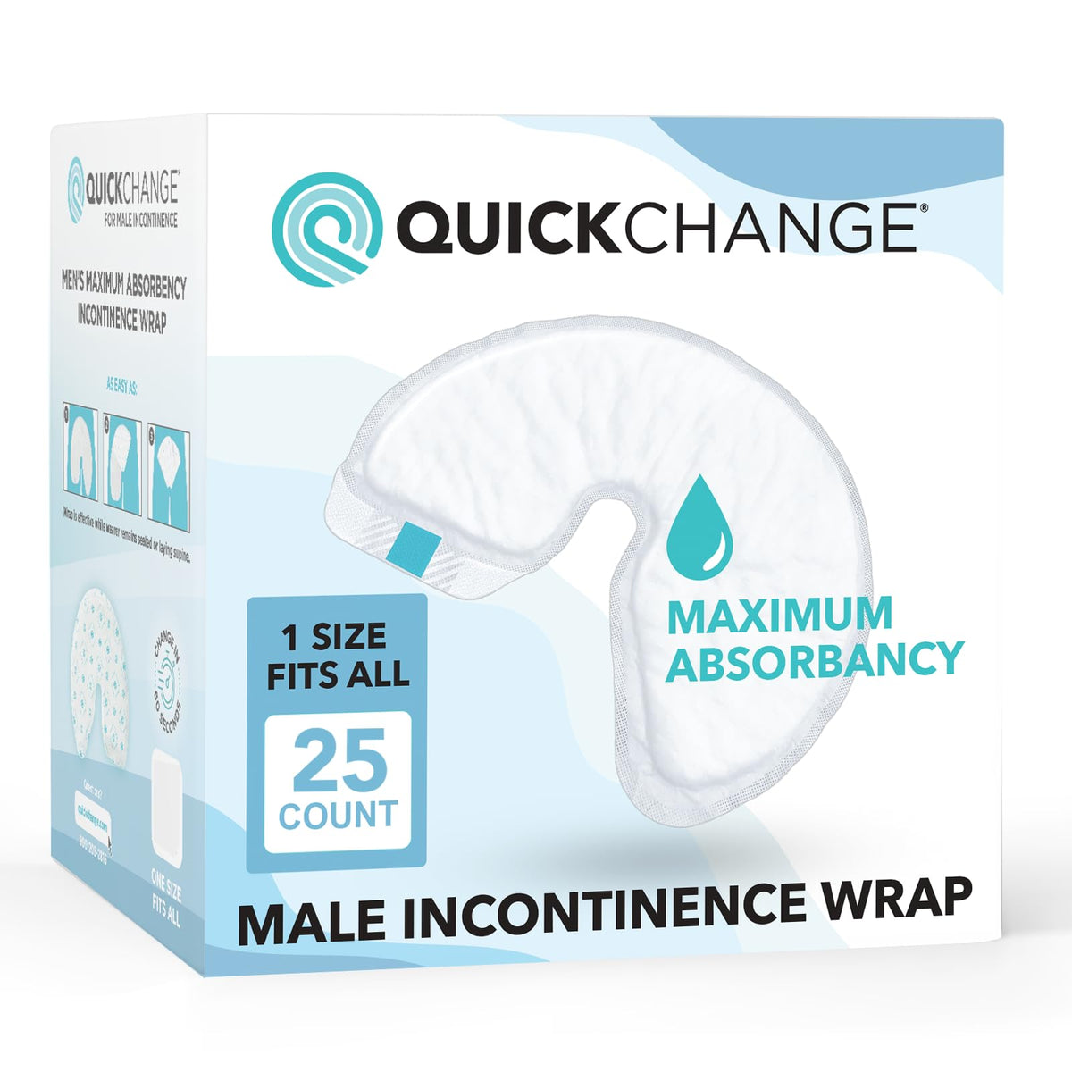 QuickChange Men’s Overnight Adult Incontinence Wrap (Pad), Maximum Absorbency, Holds 17oz Dry to the Touch, Disposable, Fragrance Free, One Size Fits All, Catheter Replacement, 25 Count (25)