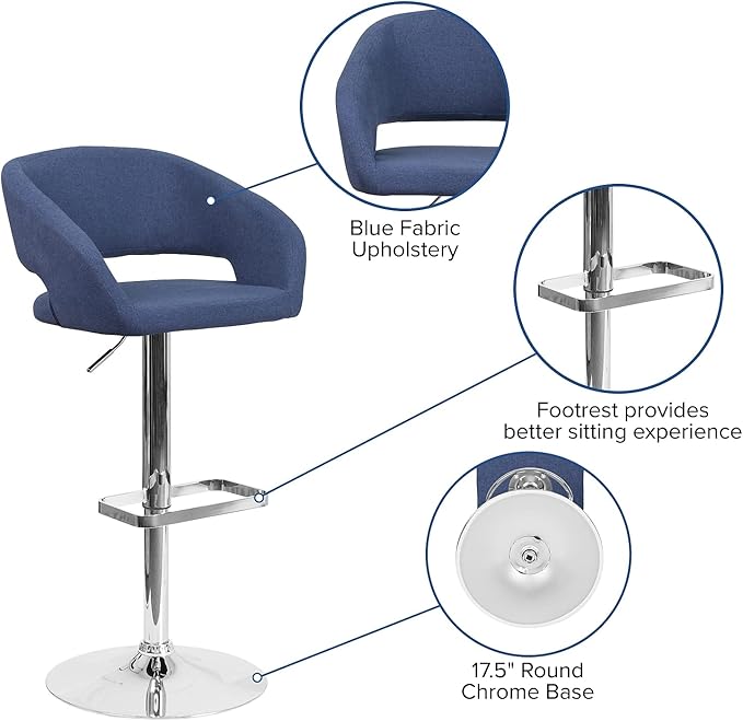 Flash Furniture Erik Comfortable & Stylish Contemporary Barstool with Rounded Mid-Back and Foot Rest, Adjustable Height - Blue Fabric with Chrome Base