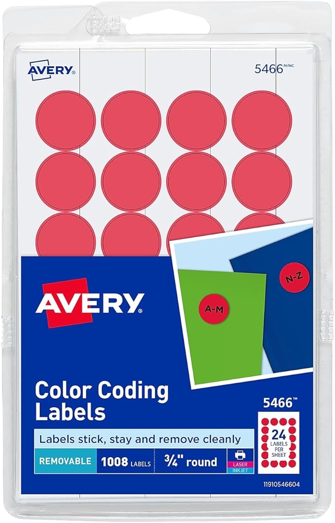 Avery 05466 Removable Labels, 3/4-Inch Round, 1008/PK, Red