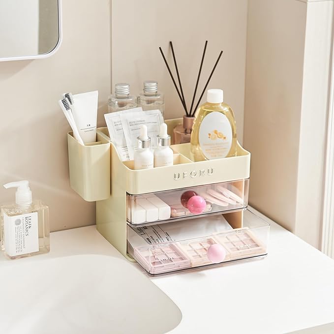 Makeup Organizer for Vanity with Brush Holder, Countertop Organizer with 2 Drawers, Spacious Cosmetic Display Case for Beauty Essential, Skincare, Lipstick