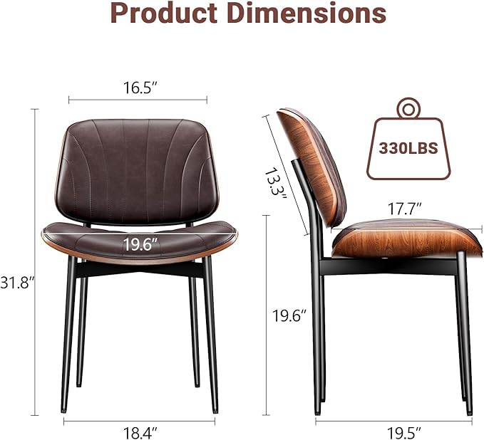 Dining Chairs Set of 8, Dining Room and Kitchen Chairs, Mid Century Modern Accent Chair, Upholstered PU Leather Chairs for Vanity with Walnut Bentwood and Metal Legs, Brown