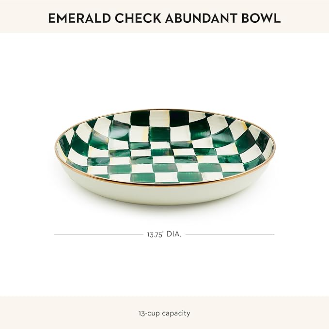 MACKENZIE-CHILDS Enamel Abundant Bowl, Serving Bowl or Fruit Bowl for Display, 13-Cup Capacity, Green-and-White Emerald Check