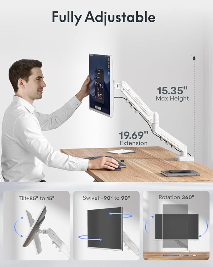 Flexispot Single Monitor Arm, 17-32 Inch Monitor Mount up to 19.84 lbs, Fast Install VESA Mount for Home Office Gaming, Full Adjustable Gas Spring with C-Clamp and Grommet Base, White