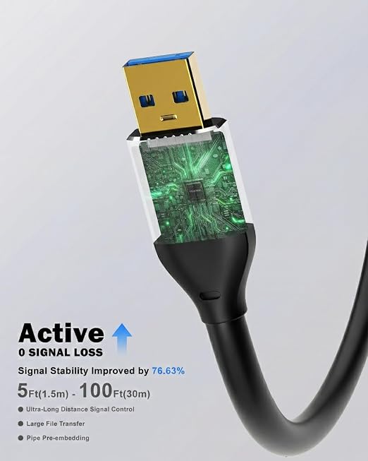 Active USB 3.0 A to C Cable 100FT(30M) Built-in Signal Booster Chip for 5Gbps High-Speed Data in-Wall Rated USB 3.0 Extension Cord for VR Surveillance Gaming Videoconference PC and More