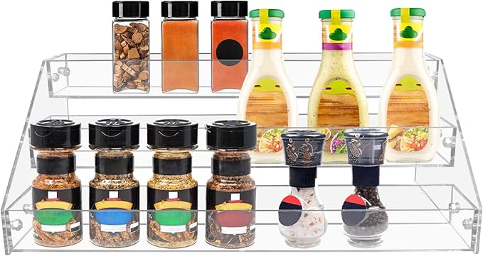 PMMASTO Tiered Spice Rack, Seasoning Organizer, Clear Acrylic Vertical Shelves Can Organizer for Countertop, Cabinet, Pantry, Kitchen Organization and Storage - 3 Tier