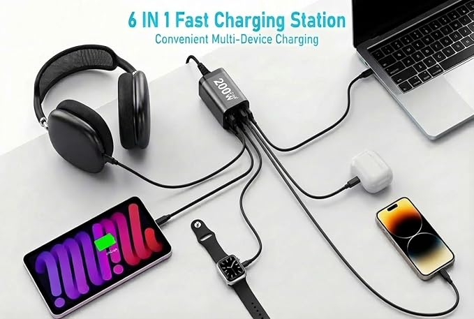 USB-C GaN Charger Block Fast Charging Station Multi-Device Power Hub with USB-C &amp USB-A Ports for MacBook iPhone Samsung Laptop Smart Power Distribution Compact Design USB-C Cables Include