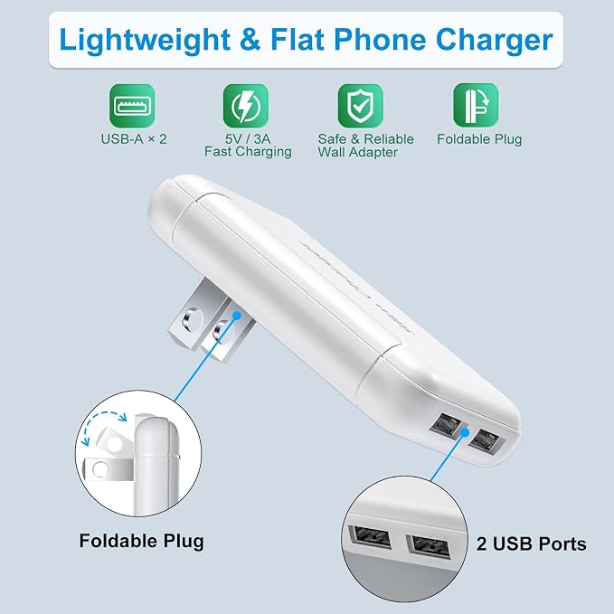 Slim USB Charger Block OKRAY Flat Dual USB Wall Charger with Foldable Plug | 3Pack Ultra-Thin 5v/3a Fast Charging Blocks USB-A Port Phone Charger Travel Adapter for iPhone 14 13 12 11 XR Galaxy S24