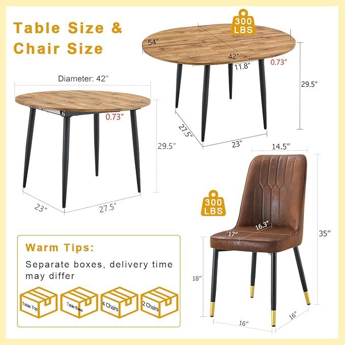 Round Dining Table Set for 6｜42"-54" Extendable Dining Table Set for 6｜0.73" Thick Wood Tabletop with Smooth Edge｜Black Metal Leg with Non-slip Footmat｜6 Soft PU Chairs｜Space Saving｜Easy Assembly