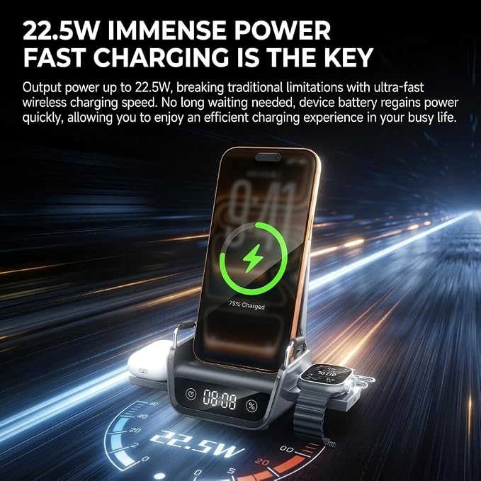 4 in 1 Wireless Charging Stand with Digital Clock 22.5W Fast Wireless Charger Station for iPhone Apple Watch &amp AirPods