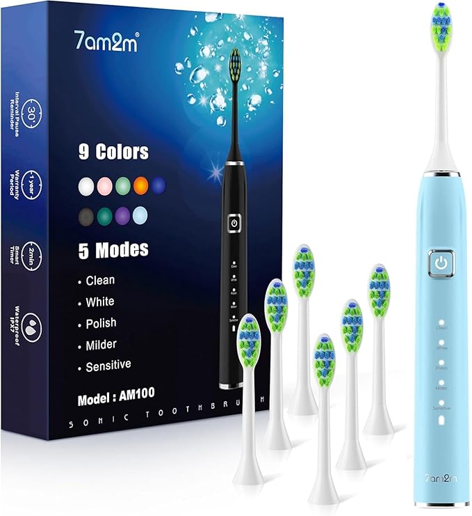 7AM2M Ultrasonic Electric Toothbrush with 6 Brush Heads for Adults&Kids, Type C Charging, One Charge for 120 Days, 5 Modes&40000VPM Powered Toothbrush, 2 Minutes Built in Smart Timer (Light Blue)