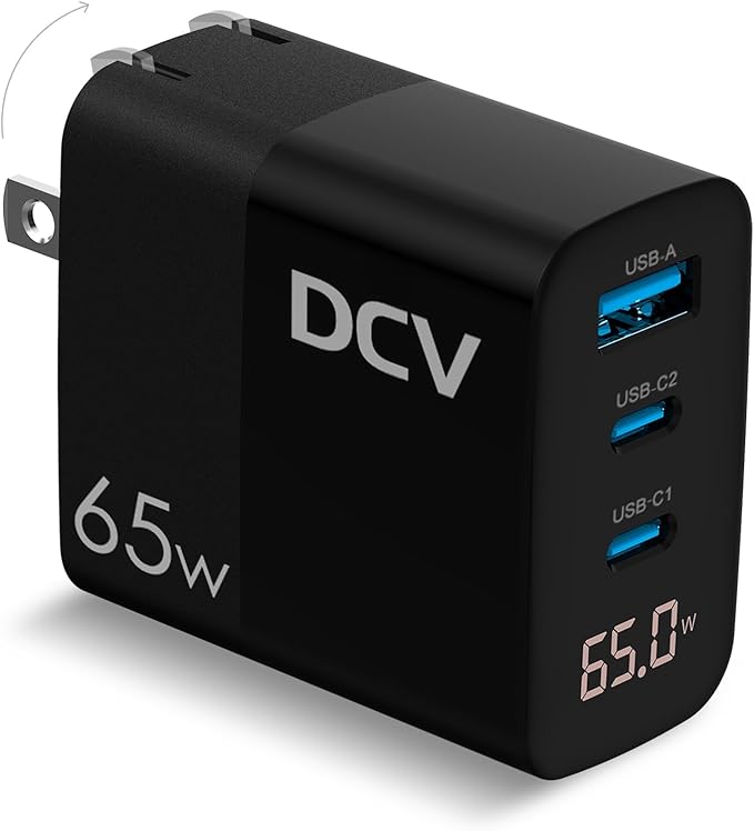 DCV 65W USB C Charger GaN 3-Port Fast Charging Block with LED Digital Display PD/PPS/QC 3.0 Foldable Wall Charger for Laptops MacBook iPhone 17/16 iPad Pro Galaxy S23/S22 Note 20 without Cable