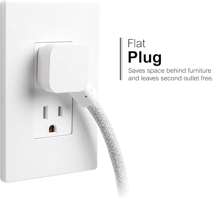 GE Flat Plug Power Strip Extension Cord with USB Ports, Travel Power Strip with 2 Outlets 3 USB Ports, Cruise Ship Essentials, 6 Ft Braided Small Extension Cord Flat Wall Plug, ETL Listed White, 81597
