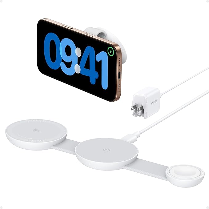 Anker MagSafe Compatible MagGo UFO 3-in-1 Charger, iPhone 17 Wireless Charging Station, 15W Qi2 Certified, Foldable Travel Charging Pad, for iPhone 17/16/15/14, AirPods, Apple Watch (Not a Power Bank)