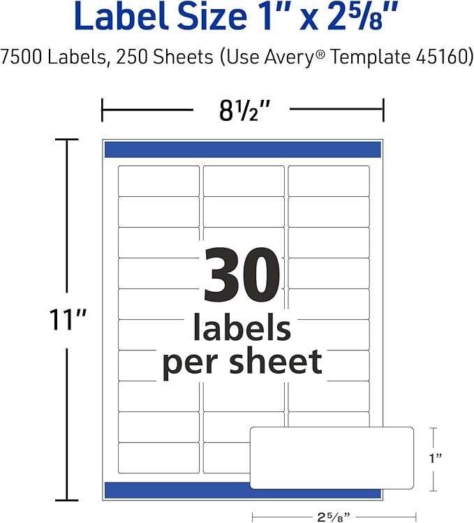 Avery Easy Peel Printable Address Labels with Sure Feed, 1" x 2-5/8" Customizable Stickers, White, 7,500 Blank Mailing Labels, Great for Mailing, Shipping, and More (45160)