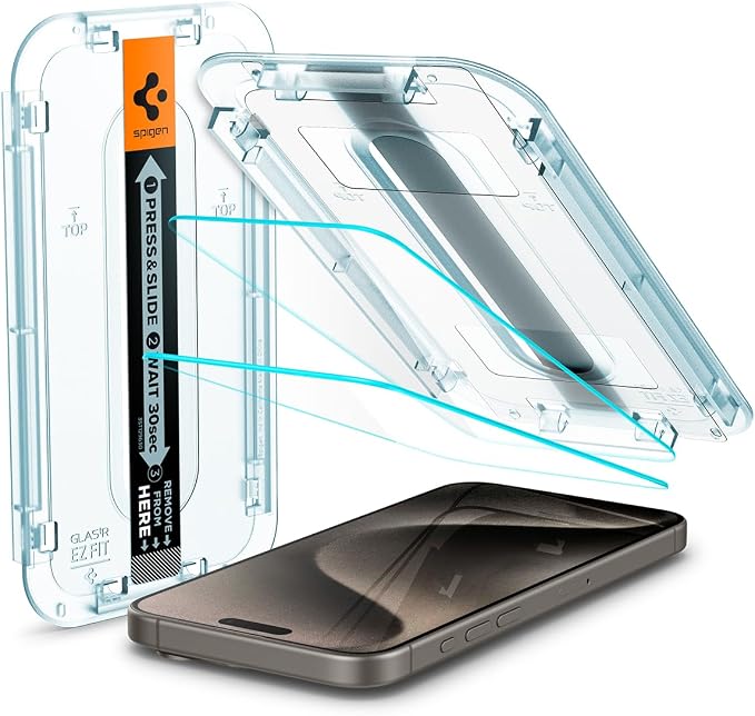 Spigen GlasTR EZ FIT Tempered Glass Screen Protector for iPhone 15 Pro | 9H Hardness Tempered Glass Easy Installation Kit Case-Friendly Crystal Clear Touch Responsive Oleophobic Coating