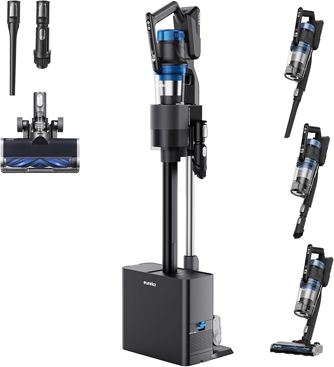 Eureka Stylus Elite NEC490BL Cordless Stick Vacuum, 350W Powerful Suction, Self-Emptying Station, 60-Min Runtime, Anti-Tangle Brushroll, 5-Layer HEPA Filtration, Ideal for Pet Hair&All Floor Types