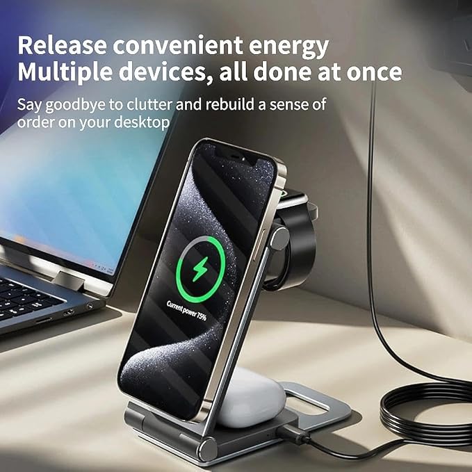 3 in 1 Foldable Wireless Charger Fast Charging Station for Multiple Devices Smart Watches Wireless Earbuds Portable Travel Wire(Gray)