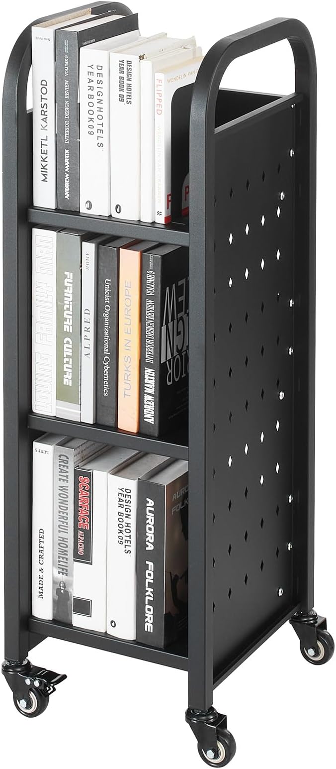 VEVOR Rolling Library Book Cart, 220 lbs Capacity, 12.6 x 13.8 x 36.8-Inch Library Cart, Single Sided L-Shaped Shelves with 2-Inch Lockable Wheels, Book Truck for Home Shelves Office and School, Black