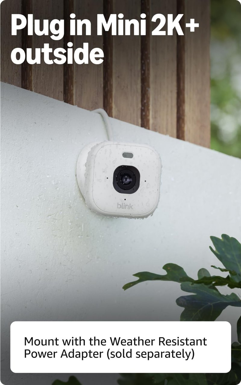 Blink Mini 2K+ (newest model) with 1-Year Plus plan – Plug-in Home & Pet Security Camera with 2K video resolution, smart motion detection, works with Alexa – 1 camera (White)