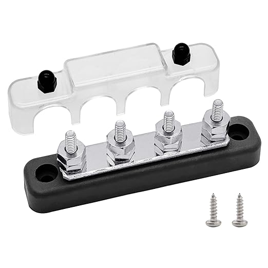 4 x #10 (M5) Studs Bus Bar, Ampper 4.2" Ground Distribution Block Brass Battery BusBar Junction with Cover for Auto Boat Amplifier and More (Black)