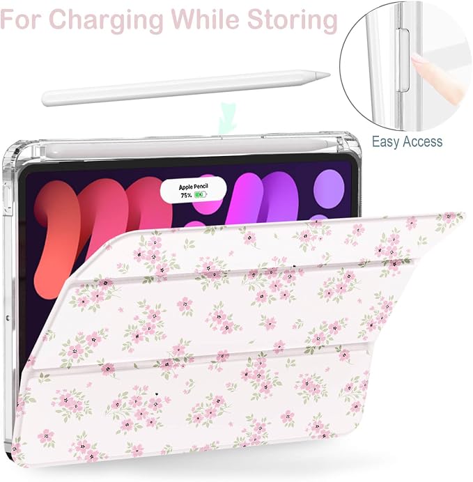 Feams Case for iPad mini 7 A17 Pro 2024/iPad Mini 6 2021 Slim Lightweight Trifold iPad mini 7 A17 Pro Case 8.3 Inch 2024 Clear Back Cover with Pencil Holder &amp Auto Sleep Blue Bow