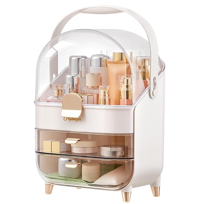 Makeup Organizers, Make Up Organizers for Vanity, Countertop Cosmetic Storage with Drawers and Transparent Cover for Bedroom Bathroom (Pearl White)