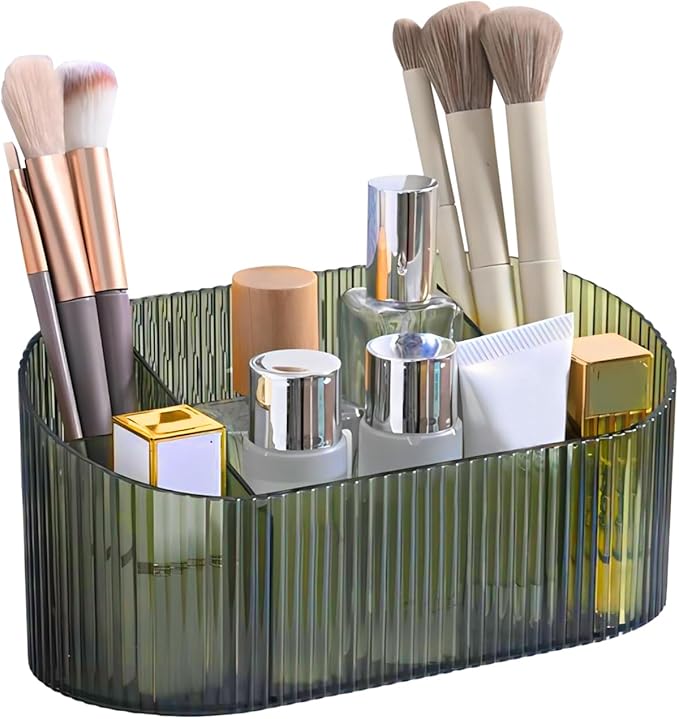 DASITON Large Capacity Makeup Brush Holder,5 Slot Makeup Brush Holder,Vintage striped Make Up Brush Holder,for Vanity Decor,Bathroom Countertops,Desk Storage Container,Cosmetic Display cases(Green)