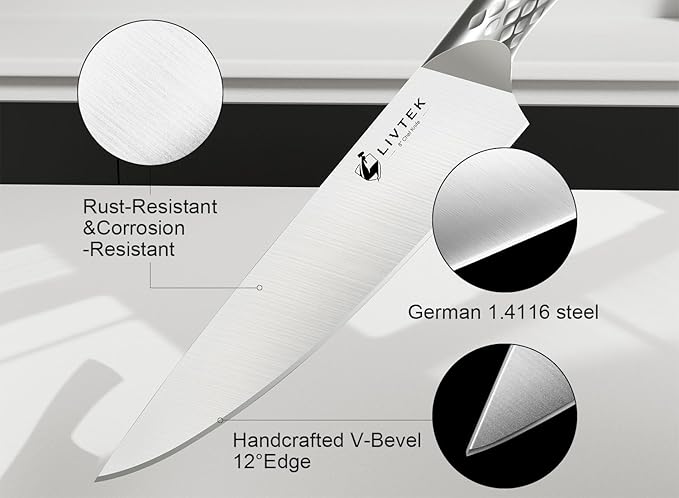 Livtek Kitchen Knife Set with Block: 15-Piece German Stainless Steel with Dual Sharpener for Cook Enthusiasts - Covers 95% Kitchen Tasks - Silver Full-Tang Ergonomic Handle, Dishwasher Safe, Gift Box