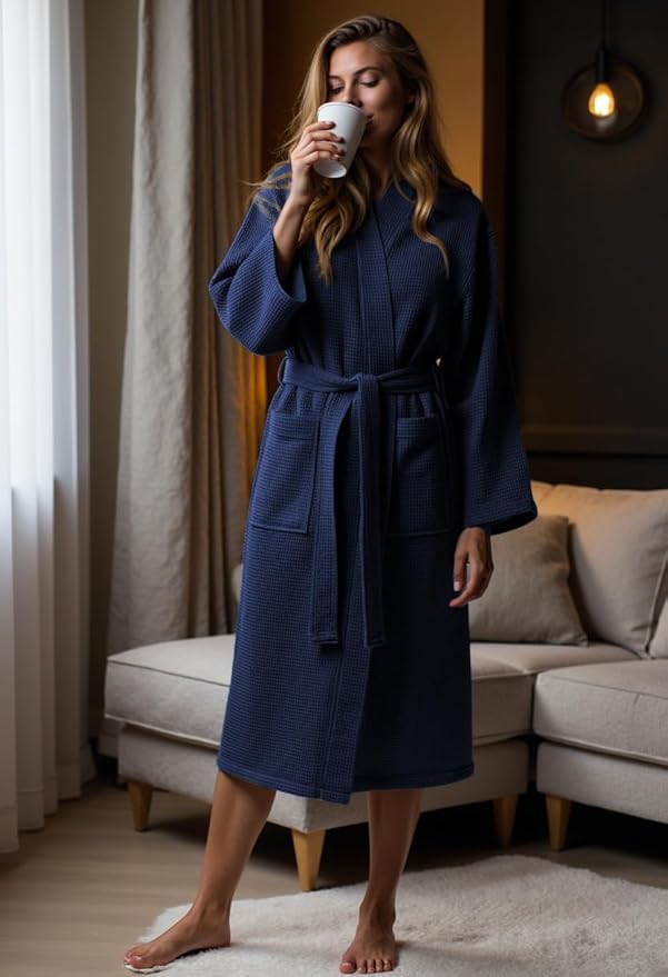 Turquaz Lightweight Full-Length Robes For Women Waffle Kimono Bathrobe - Soft, Fast-Drying, Long-Lasting Cotton Blend Unisex