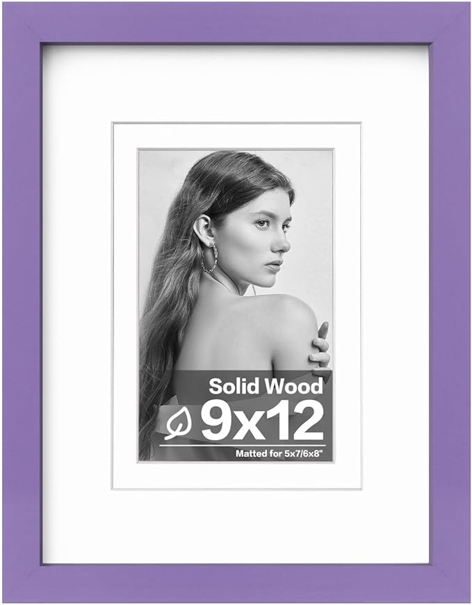Egofine 9x12 Picture Frame Made of Solid Wood Covered by Plexiglass, Wood Frame for Pictures 5x7/6x8 with Mat or 9x12 without Mat, Tabletop and Wall Mounting Display, Purple