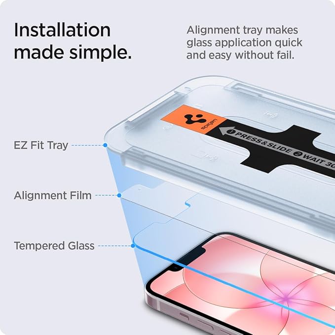 Spigen GlasTR EZ FIT Screen Protector for iPhone 17e 16e 14 13 Pro 13 | 9H+ tempered glass Scratch resistance auto-align tray Notch design 100% clarity Original touch Case-friendly 2 Pack