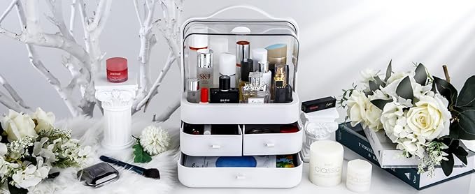 Nervure White Makeup Organizer - Cosmetic Storage Box with Lid - Makeup Organizer Storage Drawersr with Dust Free Cover and Portable Handle for Bathroom Countertop & Dresser & Gift