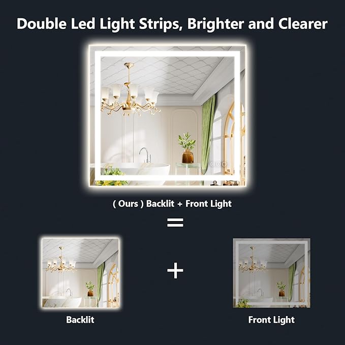 YEELAIT 40x36 Inch LED Bathroom Mirror with Lights Front and Backlit Lighted Vanity Mirror for Bathroom Wall with 3 Colors Dimmable Anti-Fog Memory Shatter-Proof IP54 Waterproof Horizontal/Vertical
