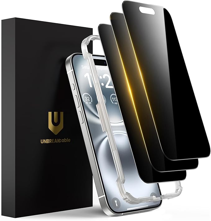 UNBREAKcable Privacy Screen Protector for iPhone 15 (6.1) 25° Anti-Spy Tempered Glass Easy Install Alignment Frame Case-Friendly 9H Hardness Anti-Fingerprint 3-Pack
