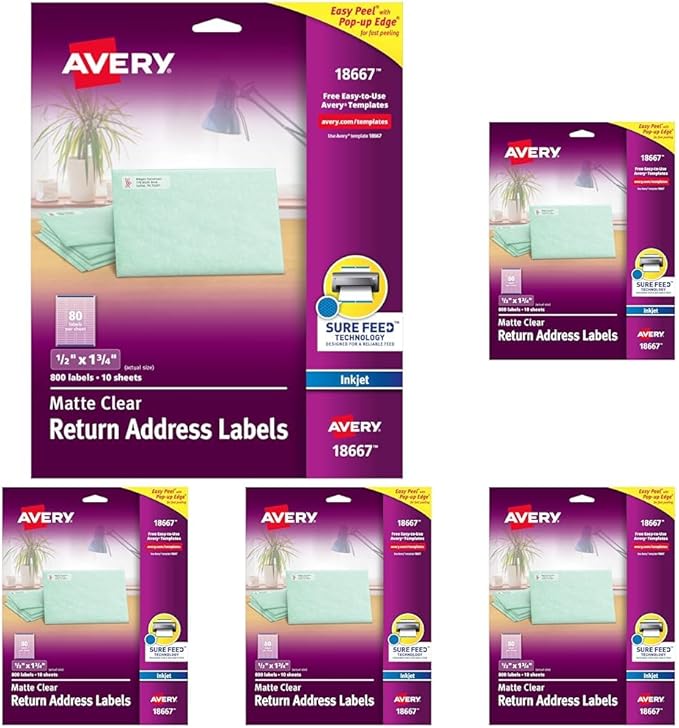 Avery Printable Return Address Labels with Sure Feed, 0.5" x 1.75", Matte Clear, 800 Blank Mailing Labels (18667) (Pack of 5)