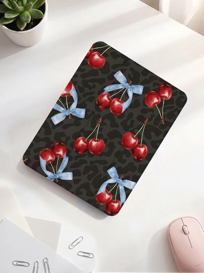 Case for iPad 9th/ 8th/ 7th Generation Case 10.2&amp10.5 Inch (2021/2020/2019 Release) Slim Lightweight Soft Trifold Back Cover with Pencil Holder &amp Auto Sleep/Wake Cover Cherries Cheetah Bows
