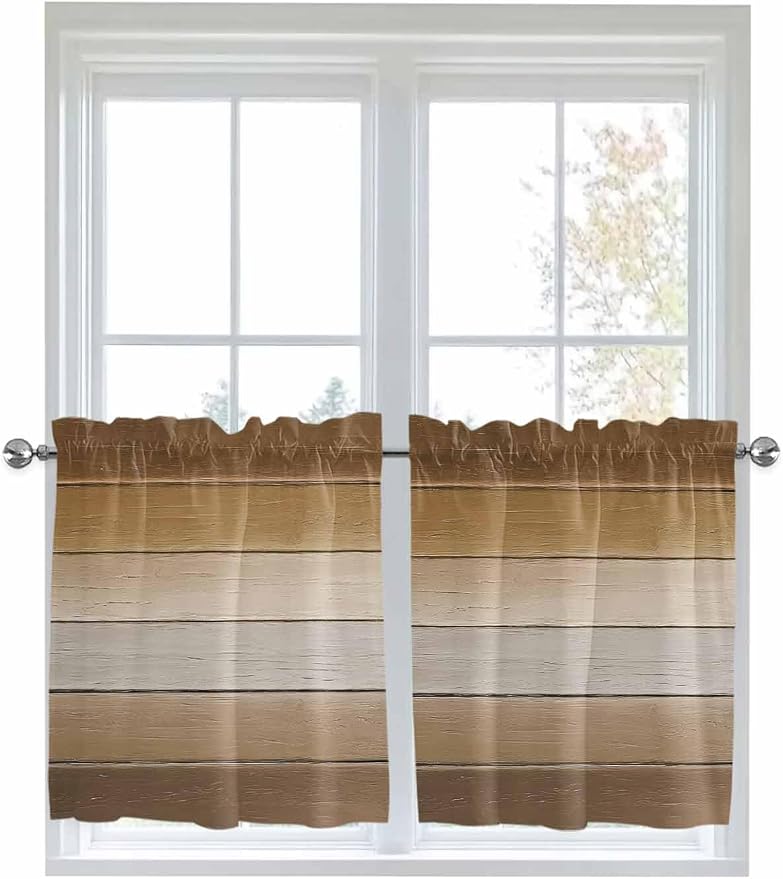 Vintage Brown Gradient Wood Grain Window Valance Curtains, Farmhouse Wood Barn