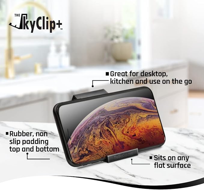 The SkyClip+ Phone &amp Tablet Holder for Air Travel Home and Office Use - Inflight Phone Mount &amp Stand Compatible with iPhone Android Kindle and Tablets - Ultimate Travel Accessory (Black)