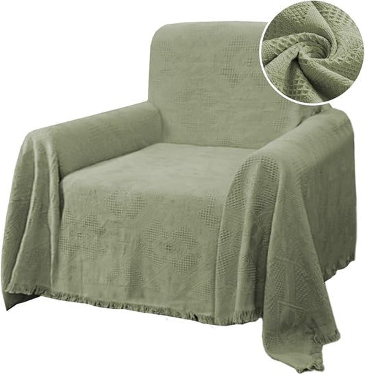 H.VERSAILTEX Cotton Sofa Covers Couch Cover Sofa Slipcover for Most Shape Sofas, Feature Thick Woven Jacquard Seamless with Tassels, Multi-Use Decorative for Couch (Medium: 71" x 91", Sage)
