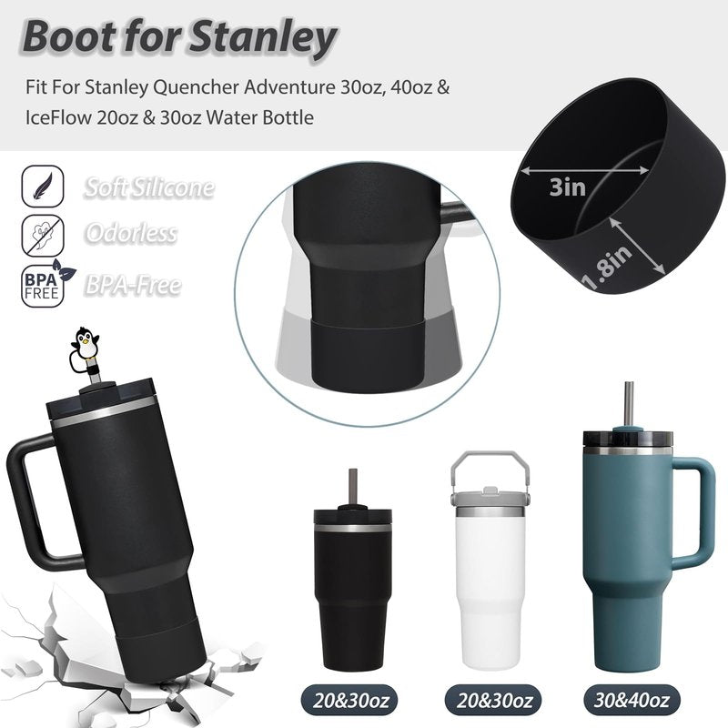 Stanley Cup Accessories Set: Silicone Spill Proof Stopper, Straw Cover Cap, Silicone Boot for 40oz & 30oz Tumbler (BLACK)