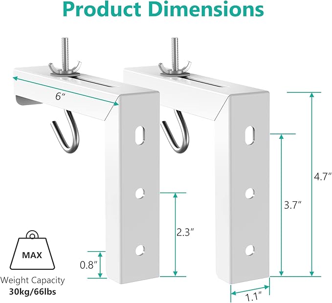 WALI Universal Projector Screen Ceiling Mount, Wall Hanging Mount L-Brackets, 6 inch Adjustable Extension with Hook Kit, Perfect Projector Screen Placement Hold up to 66 lbs (PSM001-W), White