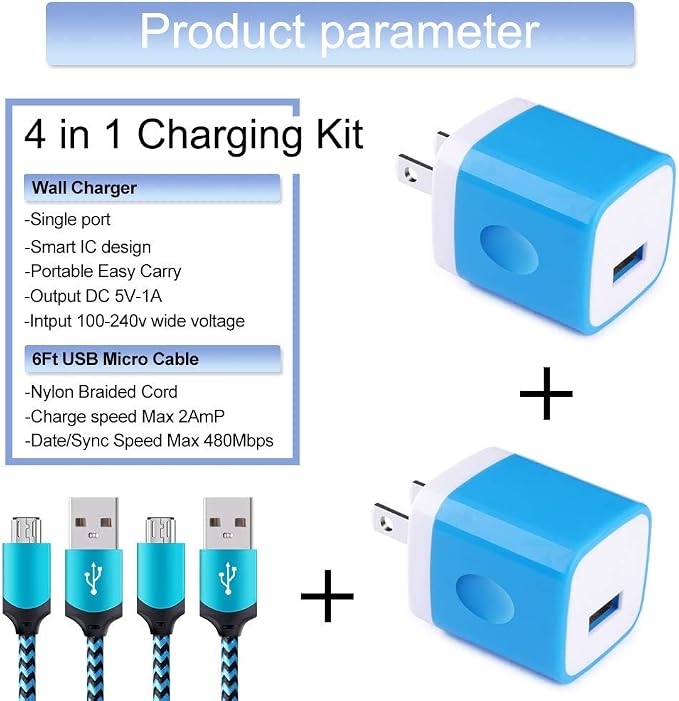 Android Phone Charger Micro Cable4-Pack Wall Plug 1A/5V Power Adapter with 6ft Nylon Braided Fast Charging Micro USB Cord Compatible Samsung Galaxy S7 S6 Edge S4 Note 5 Moto G5 Plus E4 G6 Play HTC