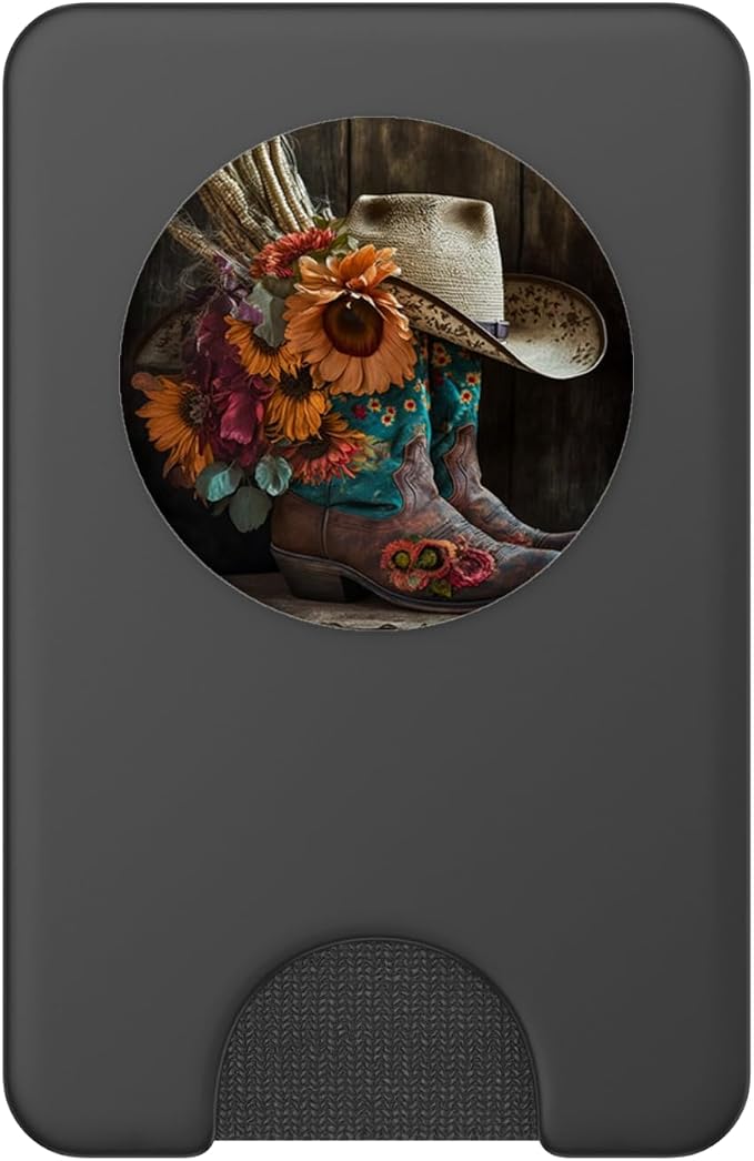 Boho Cowgirl Boots with a Flower Feather Hat for Western Rod PopSockets Adhesive PopGrip