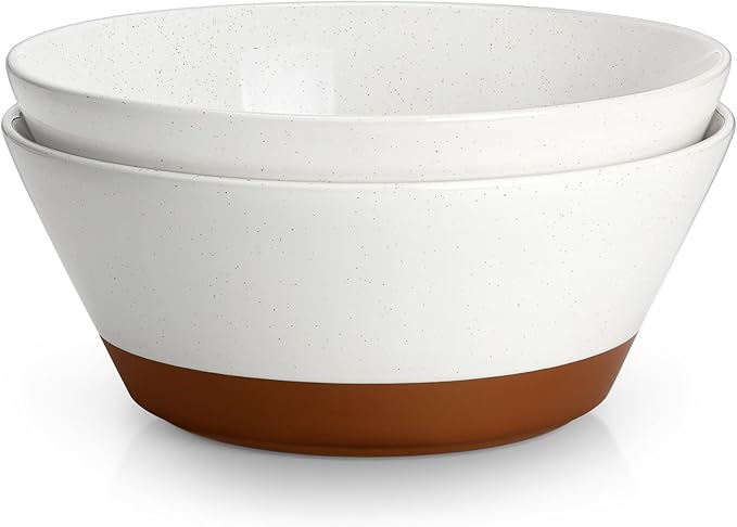 MALACASA Serving Bowls, 105oz Large Salad Bowls for Party, Entertaining, Big Ceramic Bowls for Soup, Fruit and Pho, 2-Pc Wide Bowl Set, White & Brown