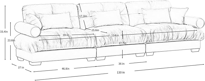 130" Oversized 3 Seater Modular Sectional Sofa, Blue Large Sectional Couch for Living Room, Velvet Cloud Couch with 5 Pillows, Deep Seat Sofa