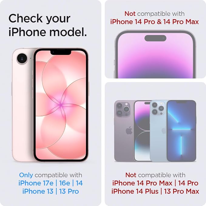Spigen GlasTR EZ FIT Screen Protector for iPhone 17e 16e 14 13 Pro 13 | 9H+ tempered glass Scratch resistance auto-align tray Notch design 100% clarity Original touch Case-friendly 2 Pack