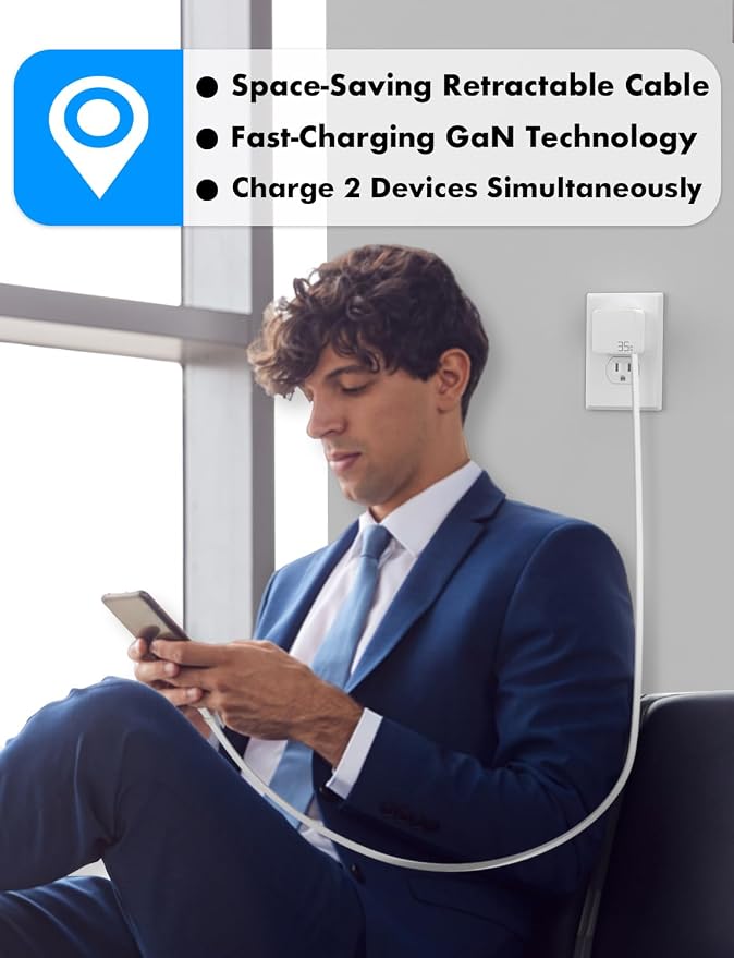 USB C Retractable Charger GaN PD 35W Charger Block Black | Type C Cable Portable Wall Phone Fast Charging Adapter Foldable Plug for iPhone 17/16/15 Pro Max/iPad/Galaxy/Pixel