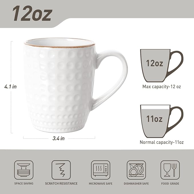famiware Coffee Mugs Sets for 6, Eden 12 oz Mug Set, Coffee Cups with Handle for Coffee, Tea, Cocoa and Milk, Microwave and Dishwasher Safe, White Circle